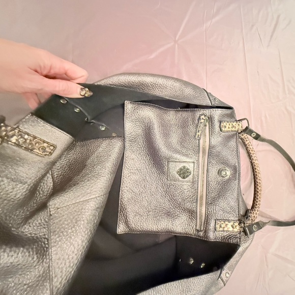 Rafe Silver/Black Metallic Leather Large Tote Bag w/ Snakeskin & Studs $498 - Picture 6 of 15